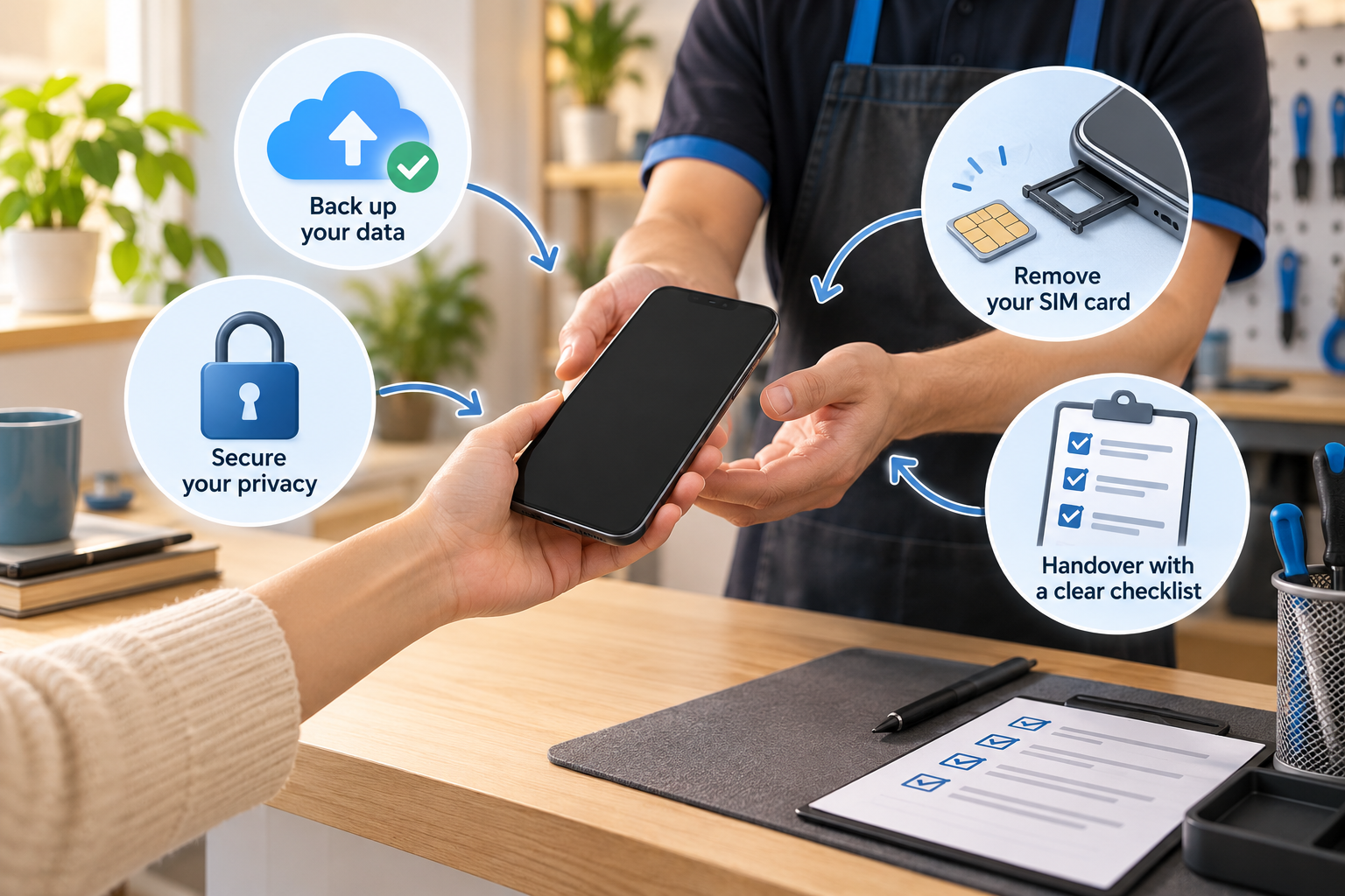 Telefon diserahkan kepada juruteknik dengan simbol backup, kunci privasi, SIM dan senarai semak