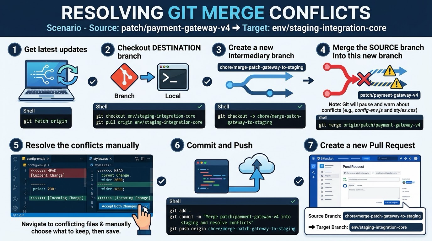 Seven-step workflow for resolving a Git merge conflict with a temporary intermediary branch