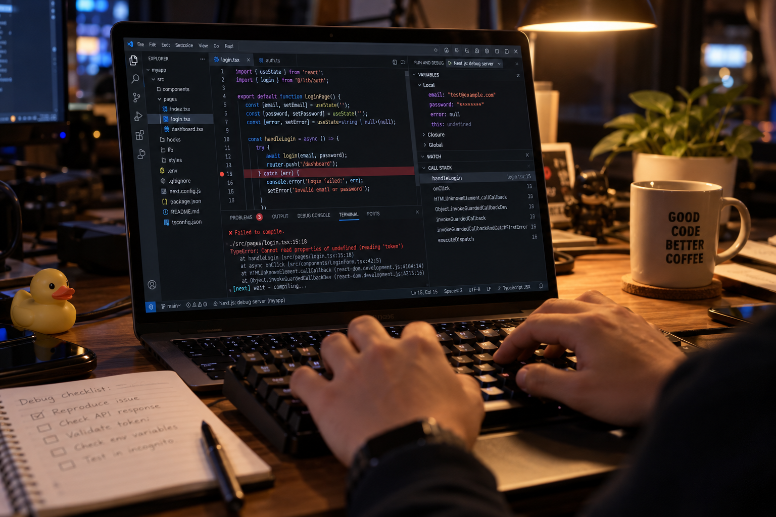 Developer reviewing source code and test results beside an AI coding assistant