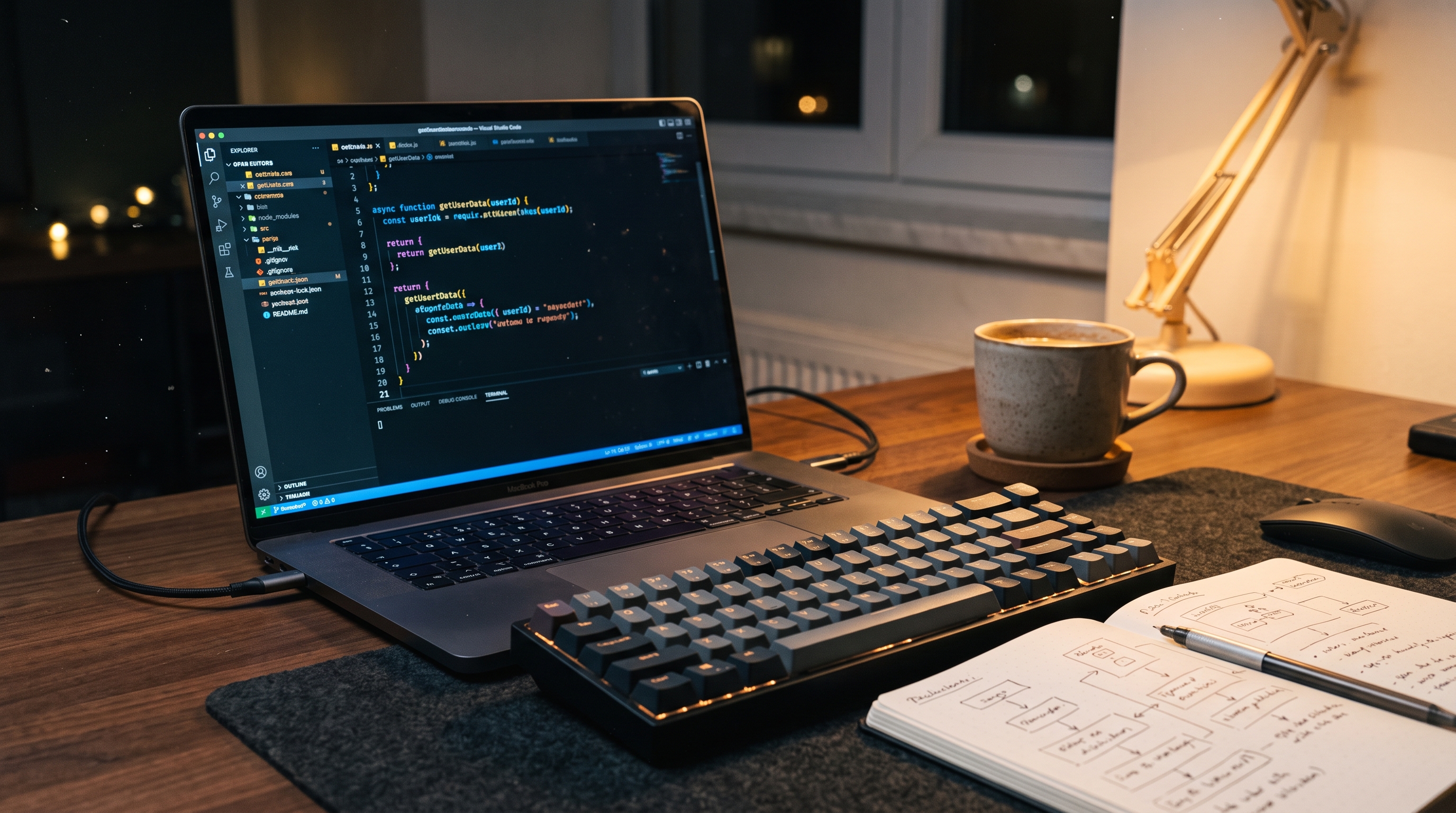 Illustration of a developer working across code, research and documents with AI assistance