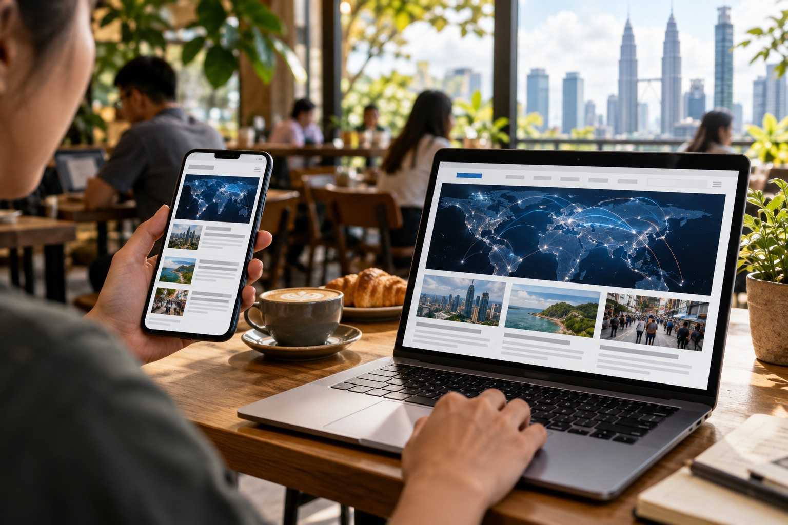 Telefon dan komputer riba membuka halaman yang sama di kafe