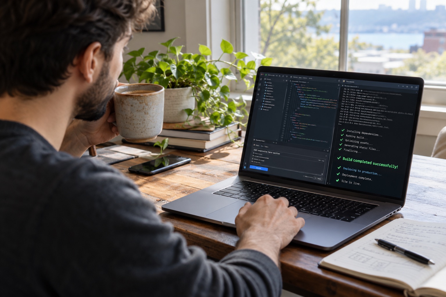 Developer reviewing a successful build and deployment workflow on a laptop before publishing a website change