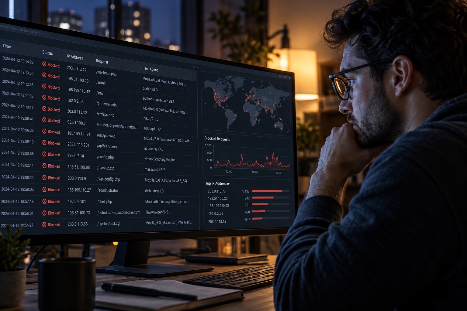 A website owner reviewing blocked requests and security alerts on a monitoring dashboard