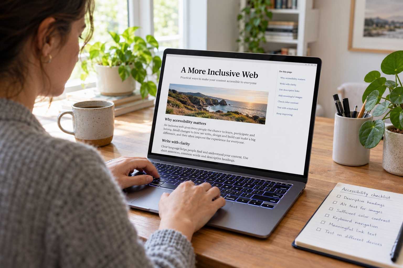 Editor menyemak aksesibiliti artikel pada komputer riba