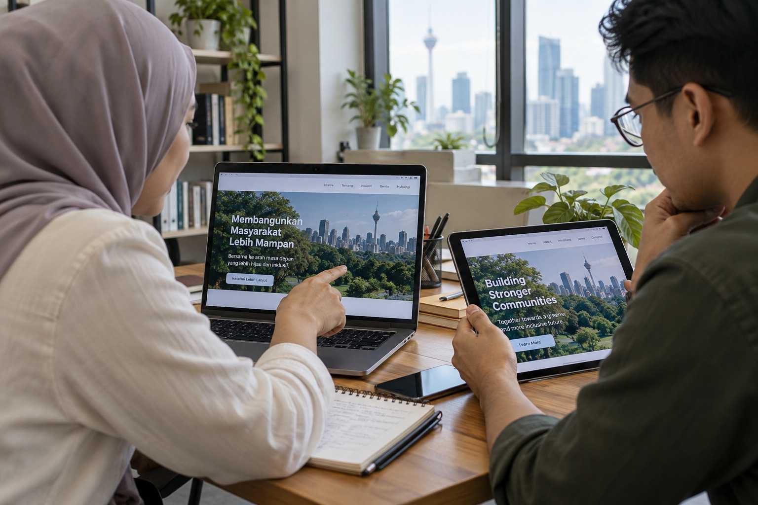 Dua editor menyemak kandungan laman dalam dua bahasa