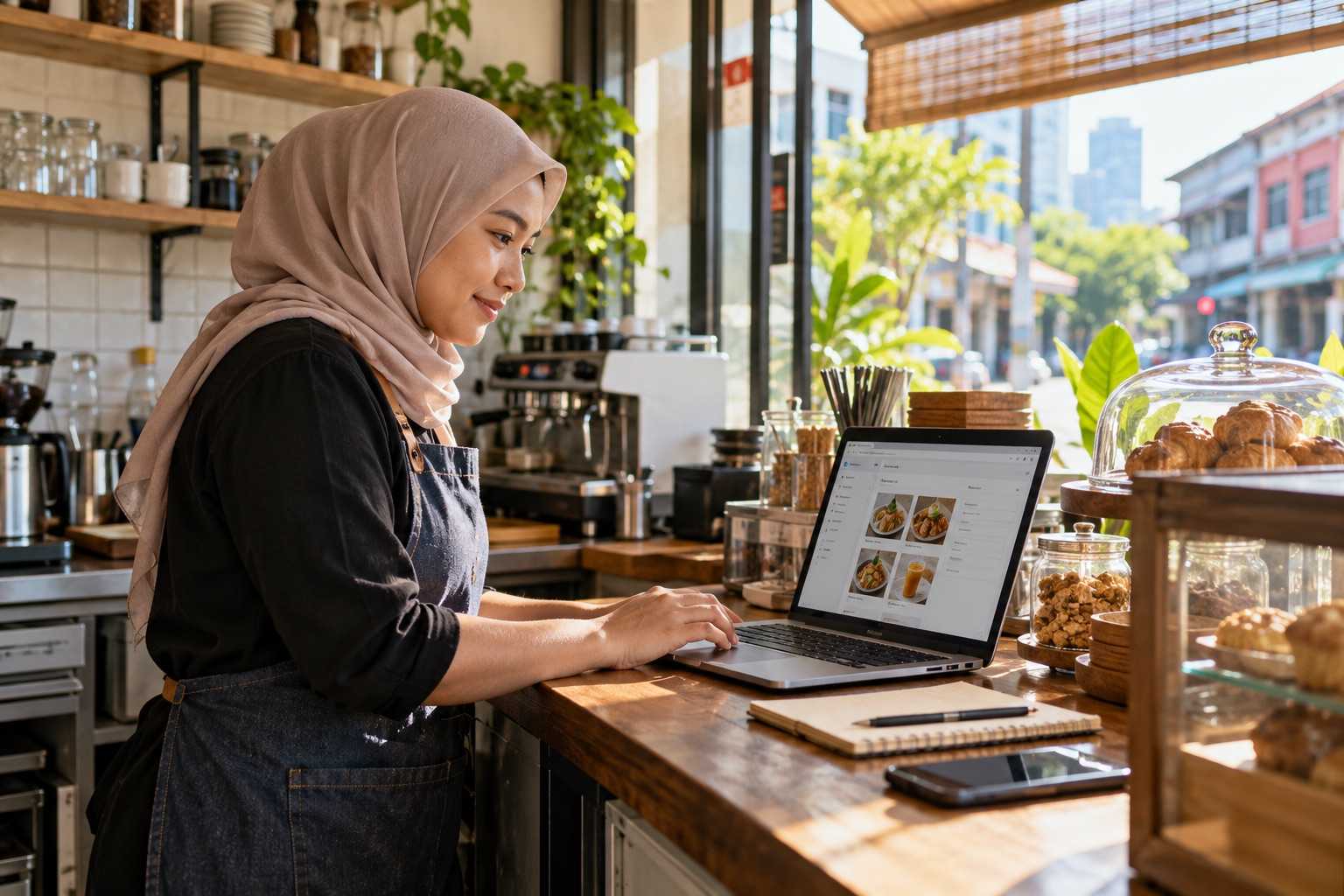 Pemilik kafe mengemas kini menu pada laman kedai