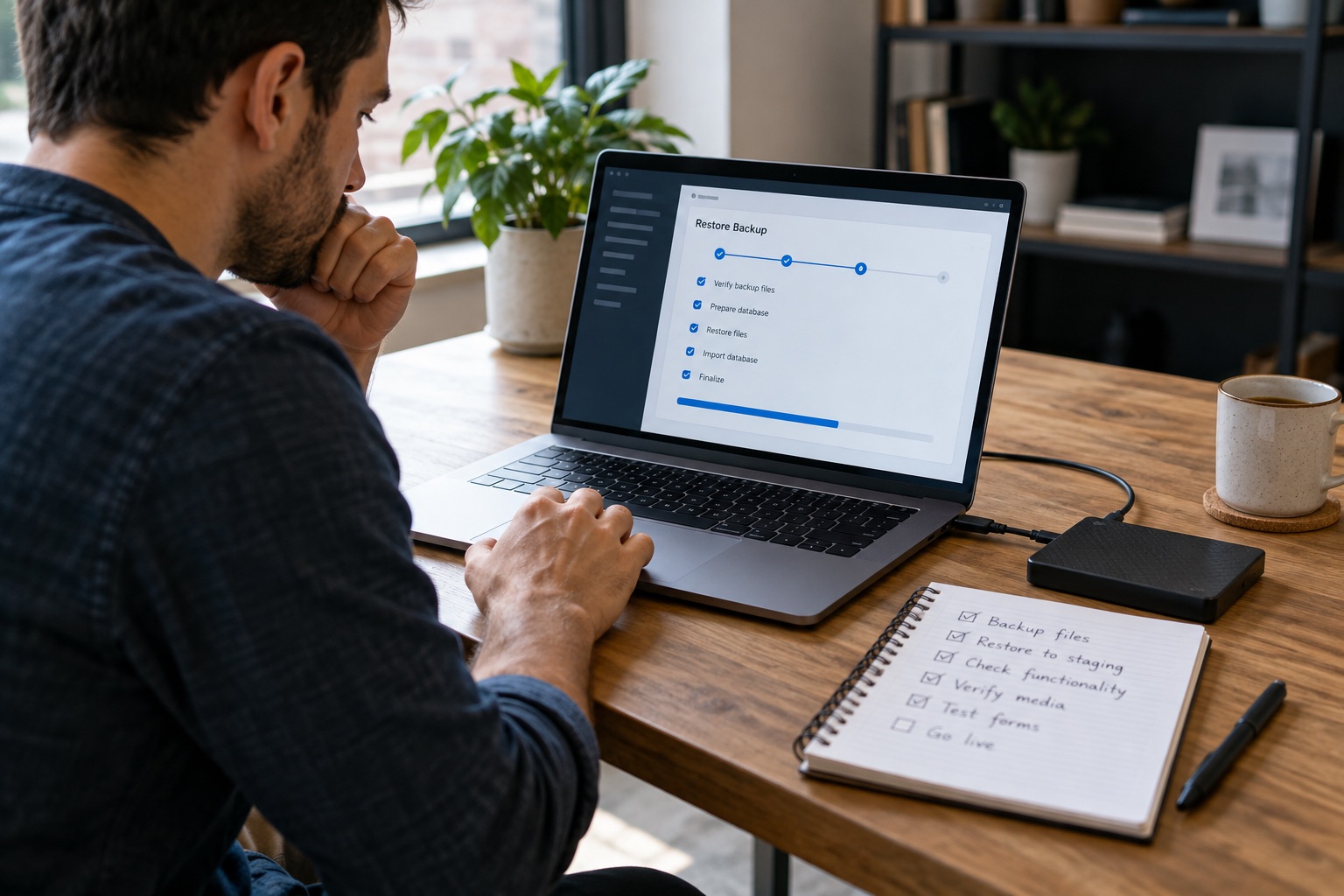 Website owner testing a restore workflow from a verified backup on a staging laptop