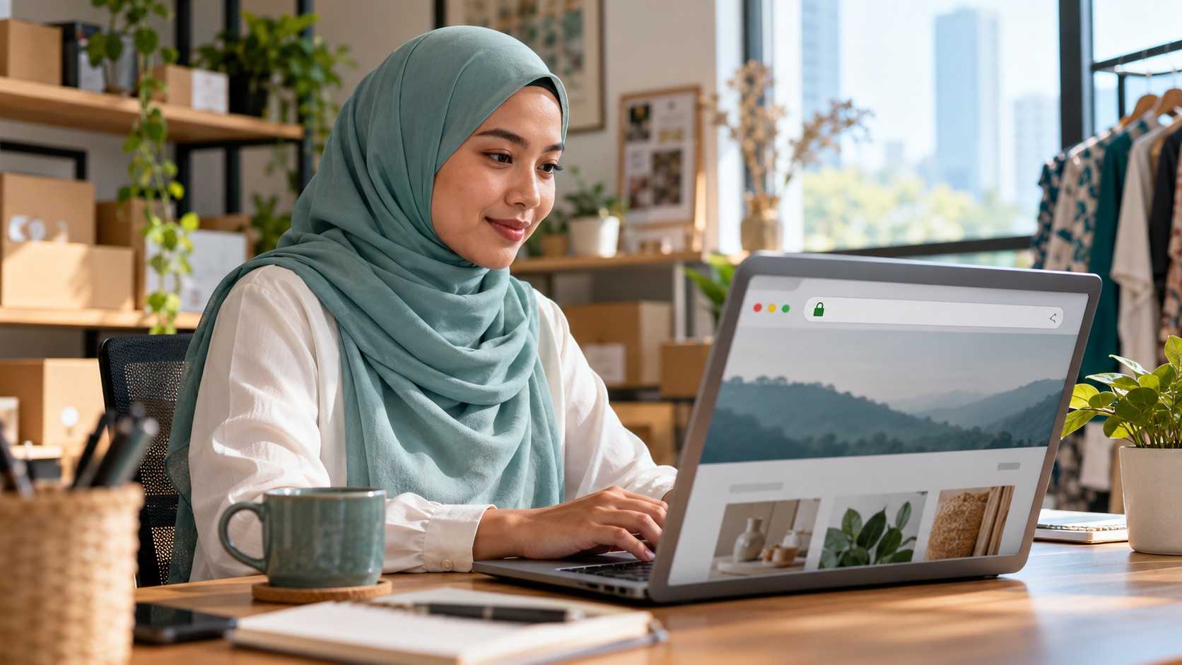 Pemilik perniagaan kecil menyemak laman web yang menggunakan sambungan selamat